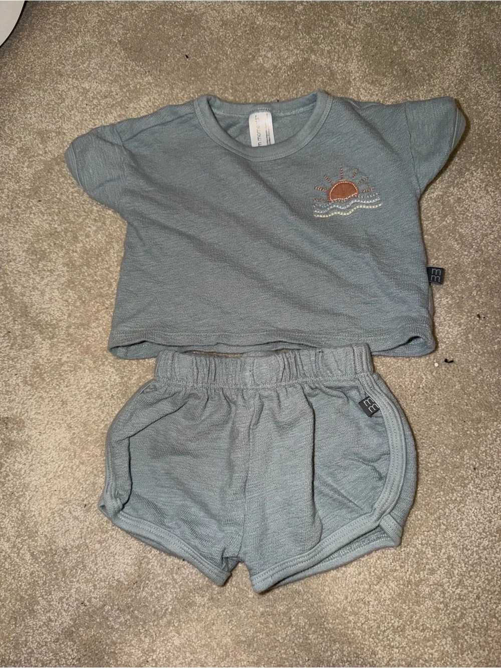 Baby Two-Piece Tee & Shorts Set — Dusty Blue with Sun Embroidery